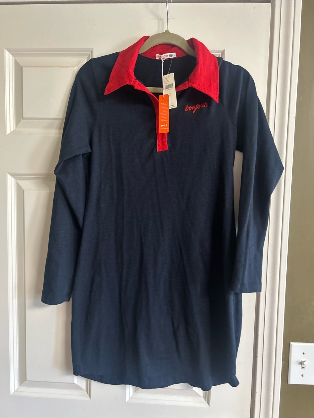 Sundry Navy and Red Long-Sleeve Polo Dress